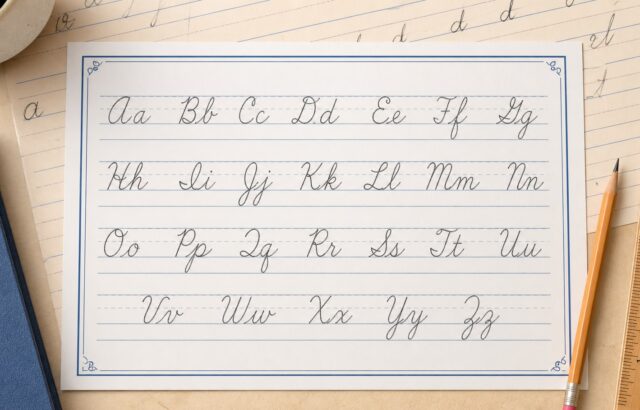 Cursive alphabet practice sheet with pencil and ruler