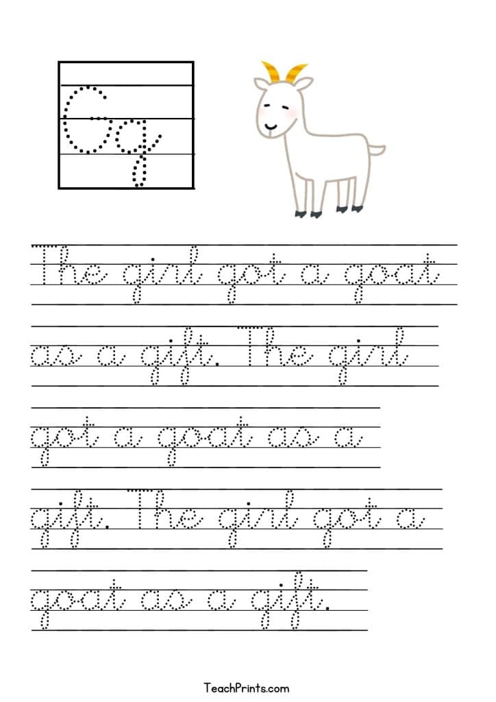 Cursive handwriting worksheet with goat illustration