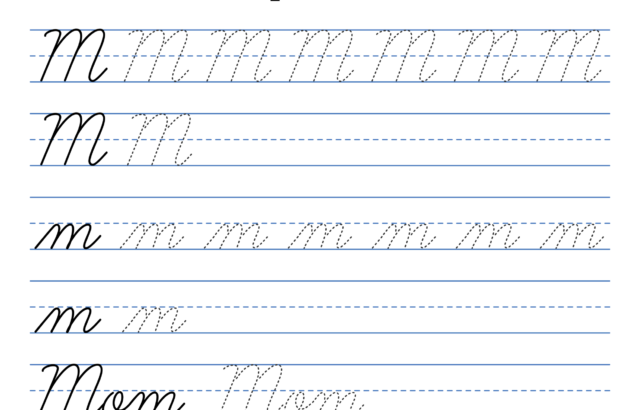 Cursive handwriting worksheet with letter m and mouse illustration