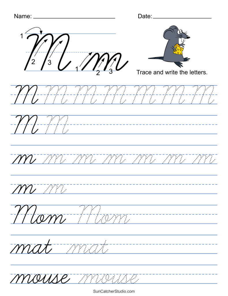 Cursive handwriting worksheet with letter m and mouse illustration