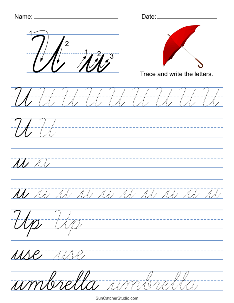 Cursive handwriting worksheet with umbrella illustration
