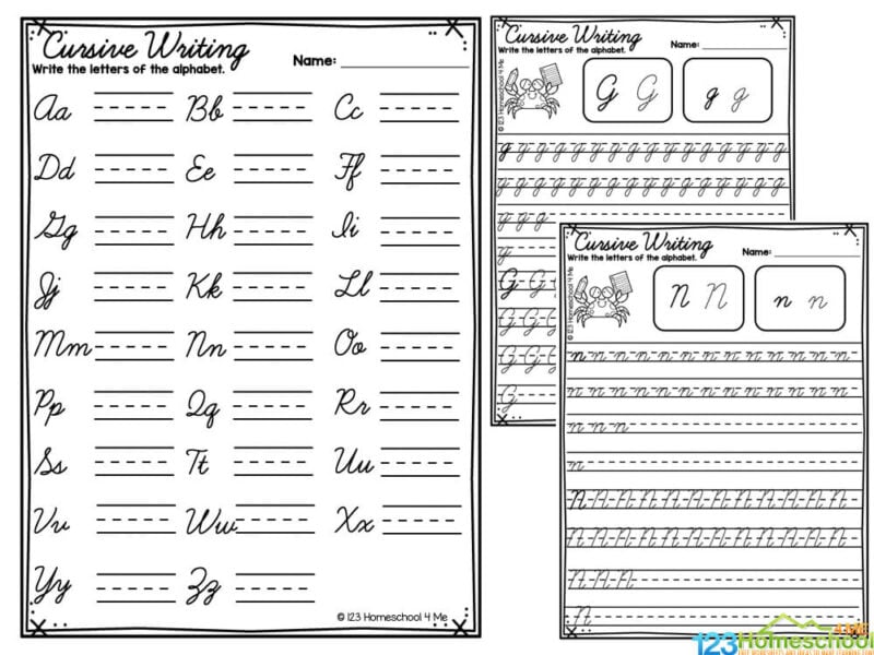 Three cursive writing practice worksheets on white background