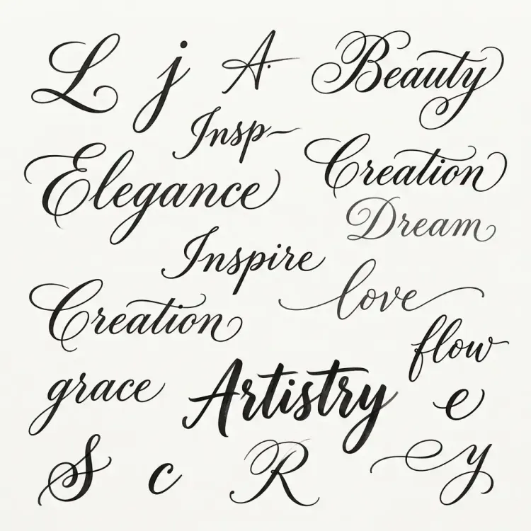 Assorted cursive calligraphy words on white background