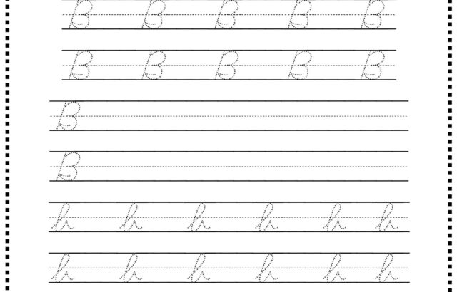 Printable cursive handwriting worksheet for letters B and h