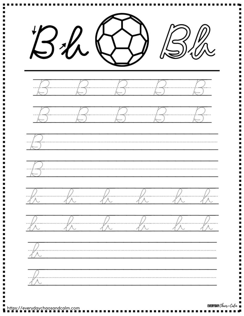 Printable cursive handwriting worksheet for letters B and h