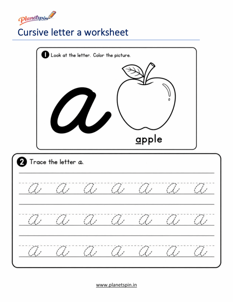 Cursive letter a worksheet with apple illustration