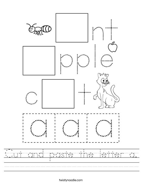 Alphabet tracing worksheet with dotted letters, cat, and apple icons