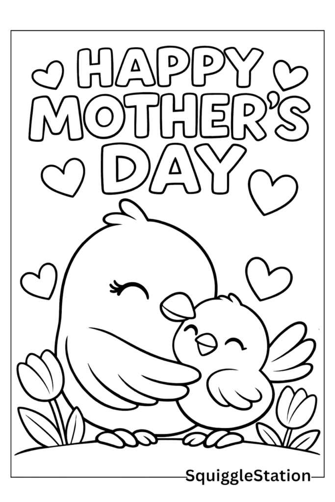 Mother bird hugging chick under Mother's Day text
