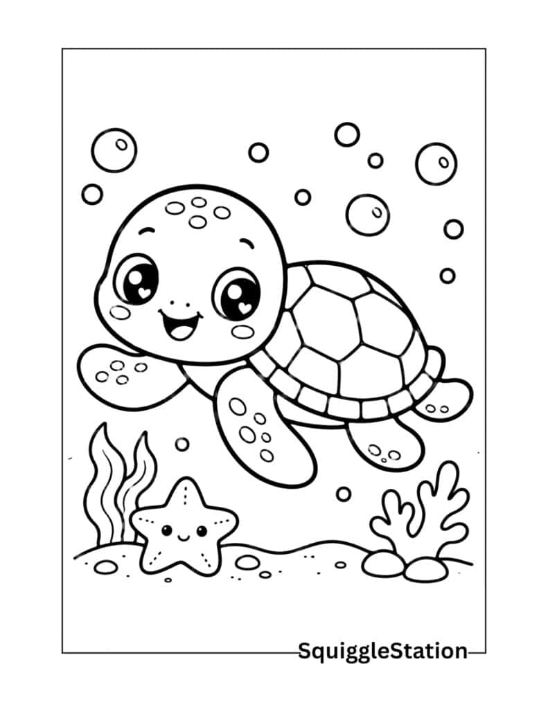 Cute cartoon sea turtle underwater with starfish and bubbles