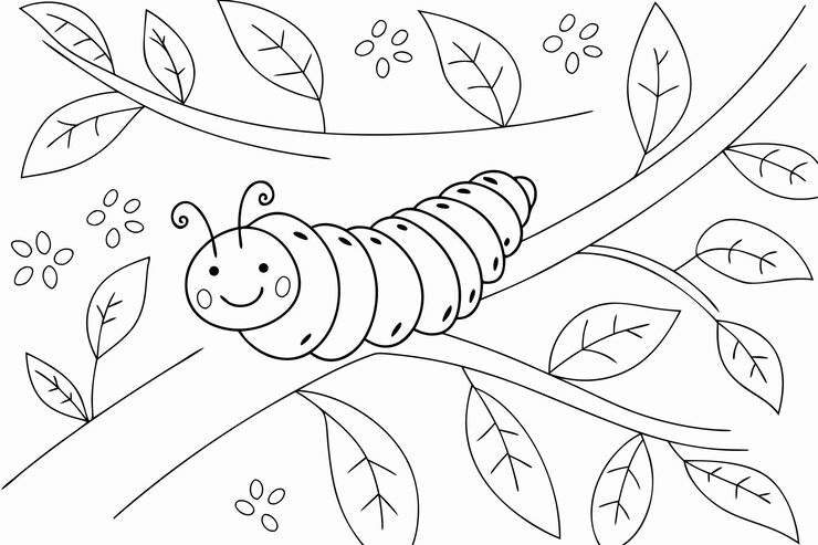 Smiling caterpillar on a tree branch with leaves
