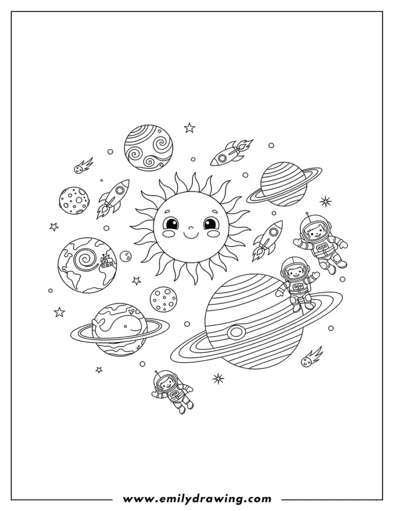 Space coloring page with sun, planets, astronauts, stars