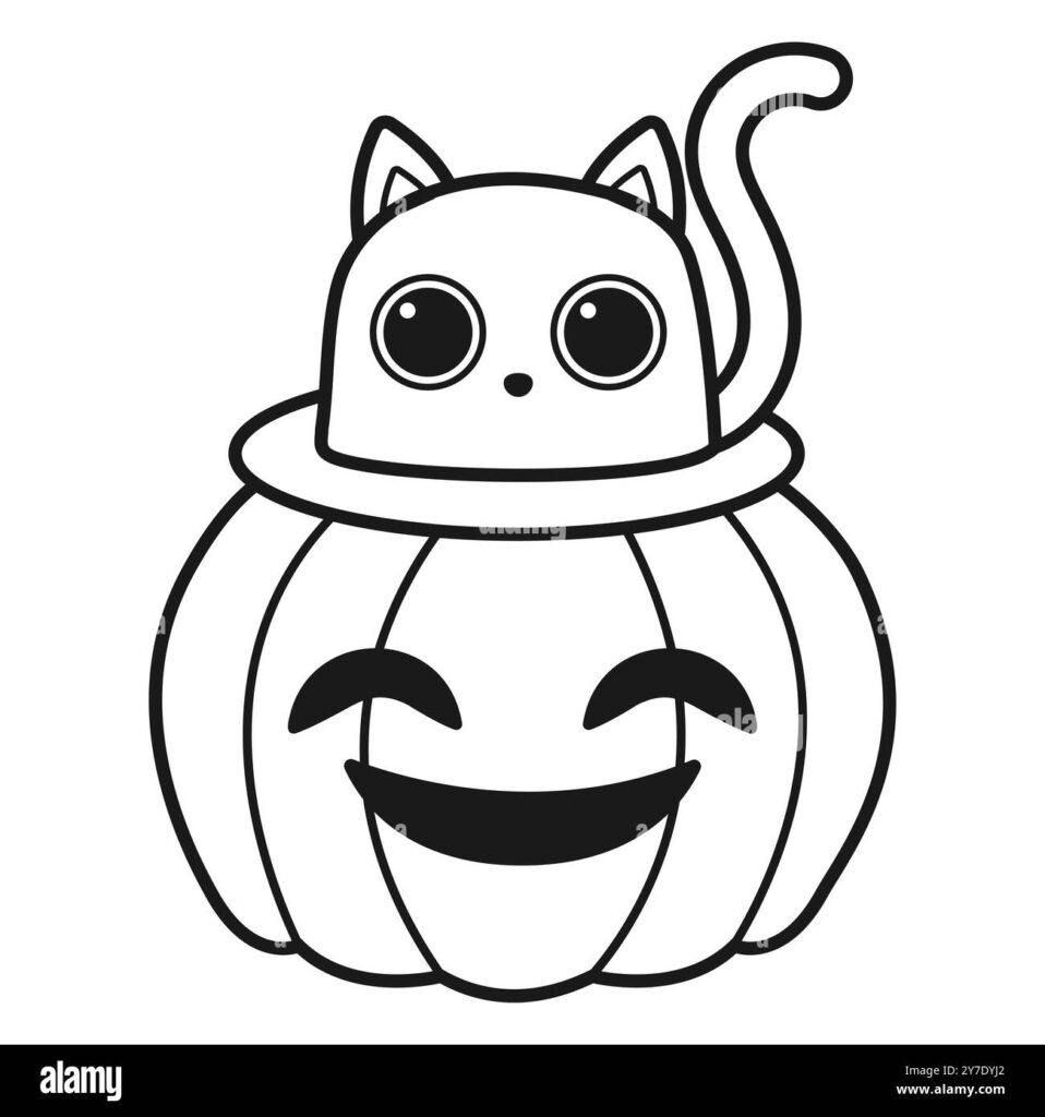 Cat sitting on smiling pumpkin outline
