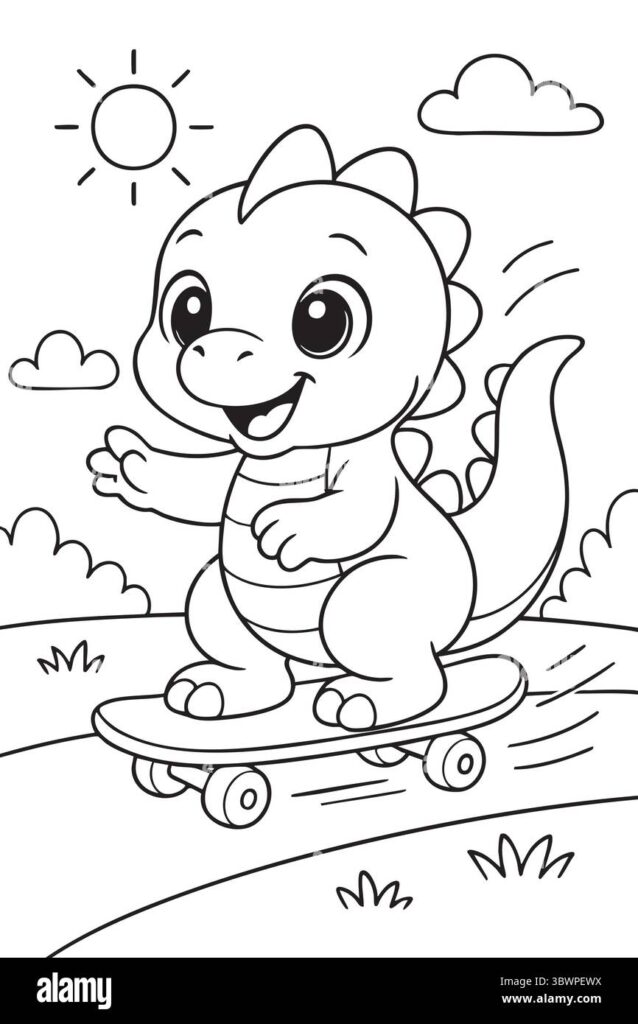 Cute cartoon dinosaur riding a skateboard outdoors