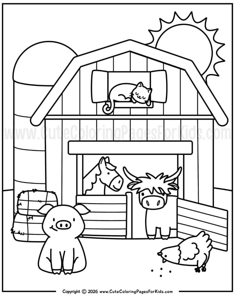 Black-and-white farm barn with cartoon animals and sun.