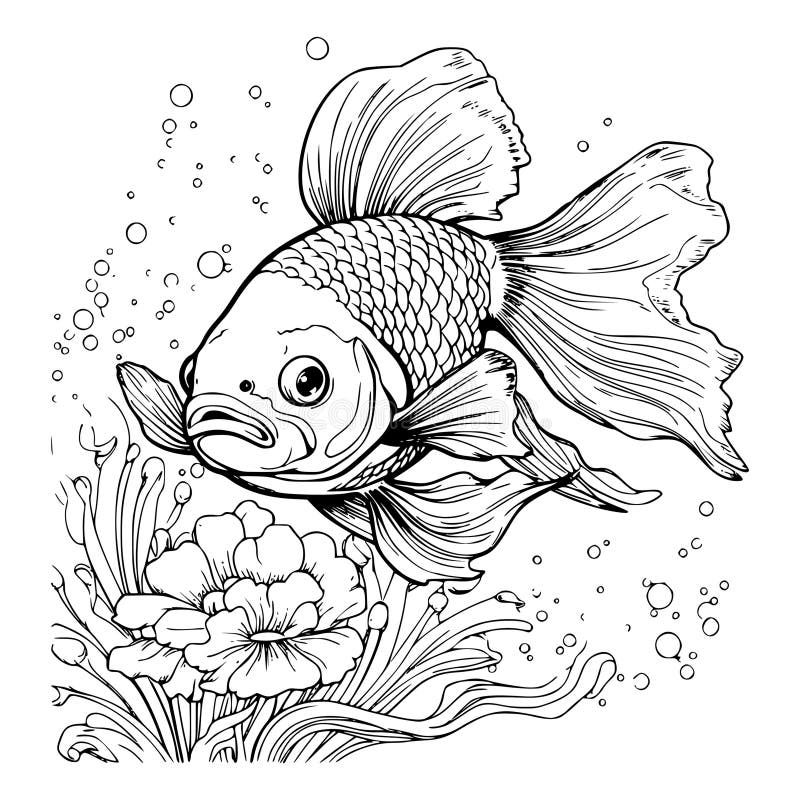 Black-and-white goldfish illustration above underwater flowers