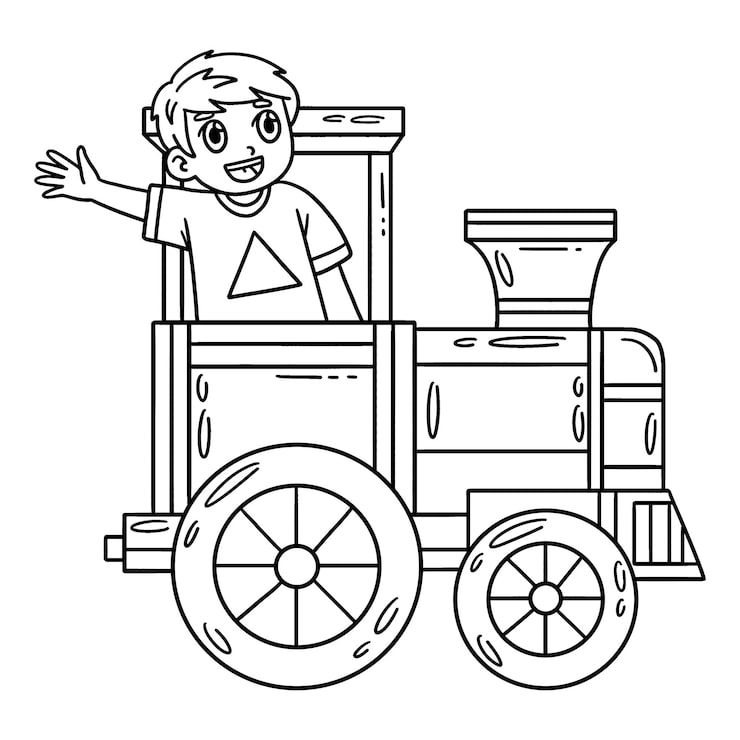 Smiling child waving from a cartoon train engine