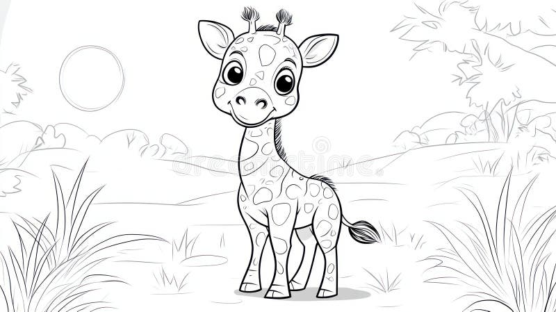 Cartoon baby giraffe standing in a grassy landscape