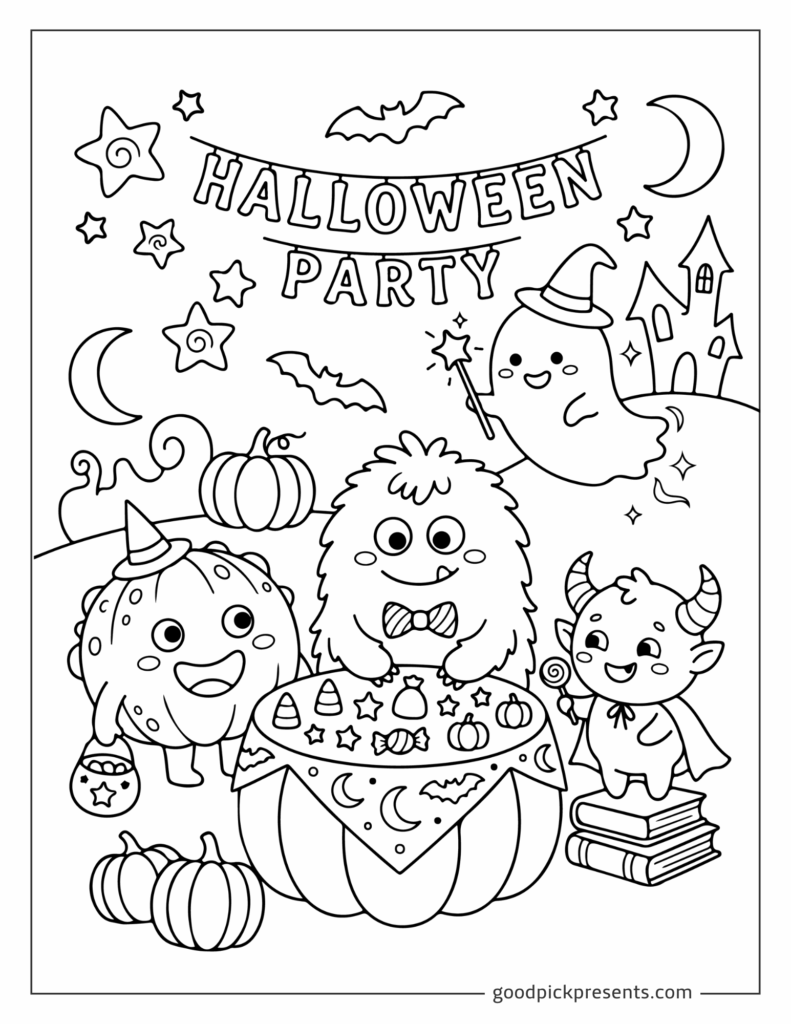 Halloween party coloring page with ghosts, pumpkins, and witch hat