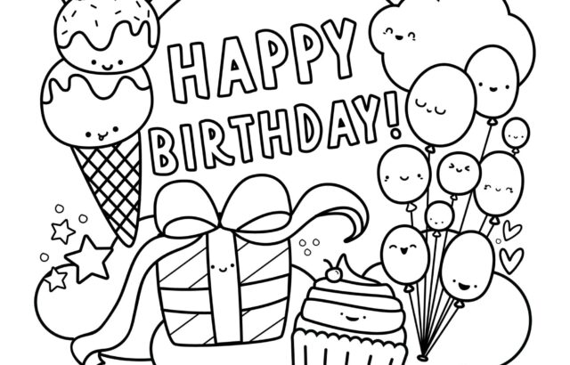 Birthday coloring page with cake, gift, balloons, rainbow