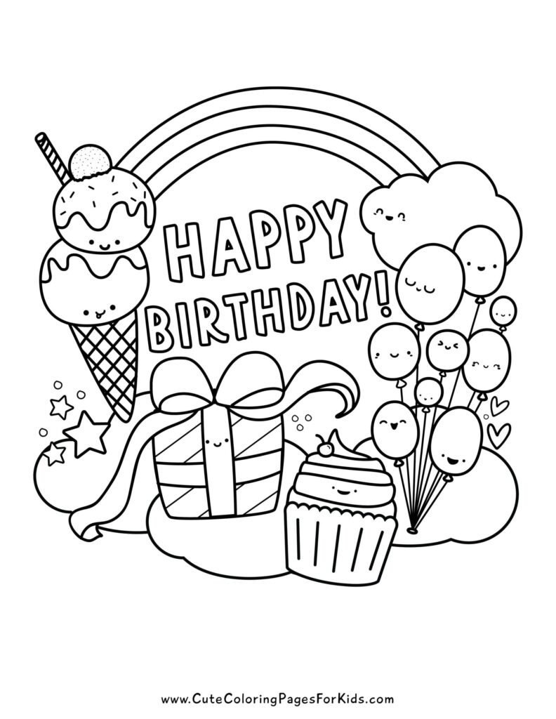 Birthday coloring page with cake, gift, balloons, rainbow