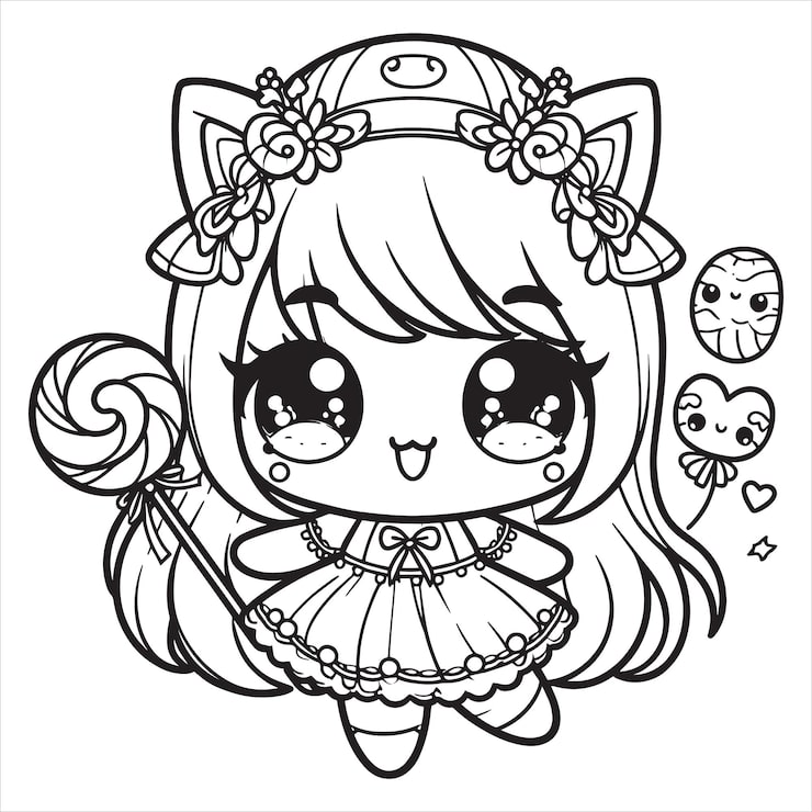 Cute chibi girl with lollipop and flowers