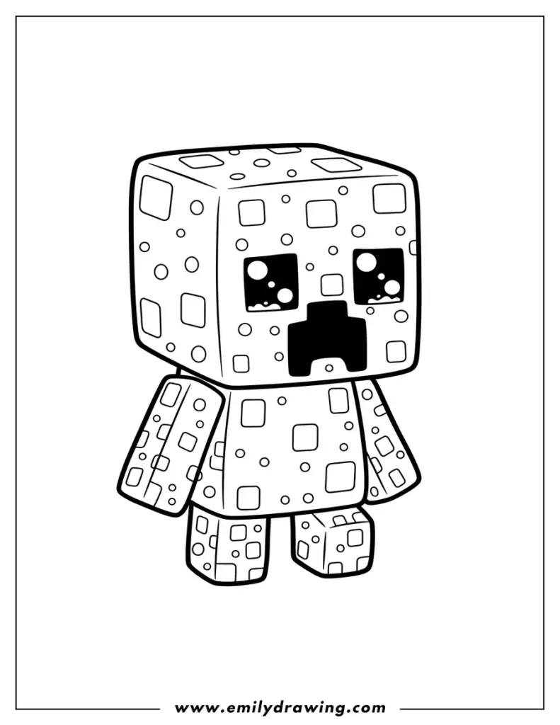 Black-and-white cartoon cube-headed character on white page