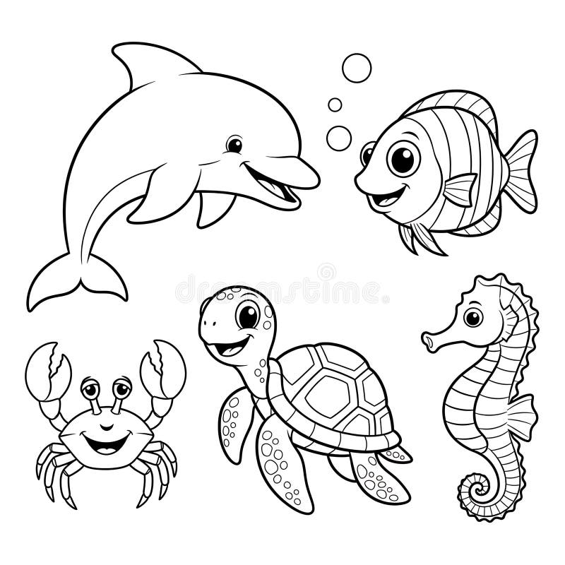 Black-and-white ocean animal coloring page with dolphin, fish, turtle, crab, seahorse