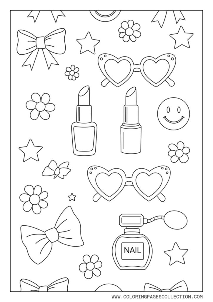 Black-and-white coloring page with bows, flowers, stars, makeup items, and sunglasses