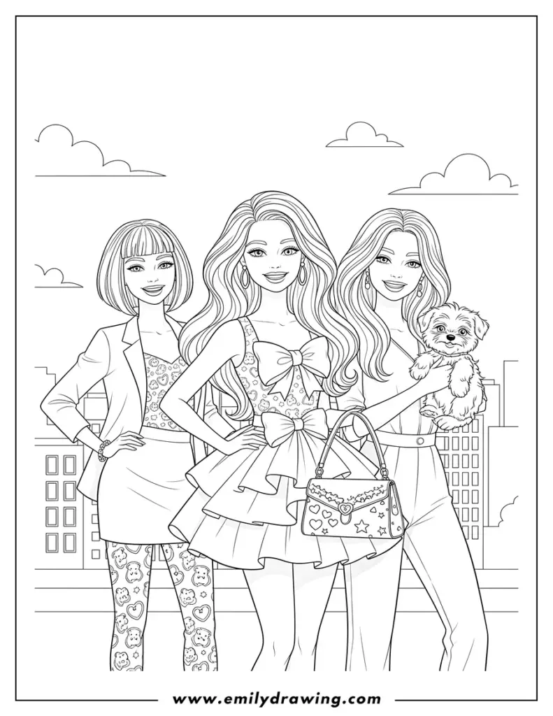 Three women posing with a small dog, cityscape