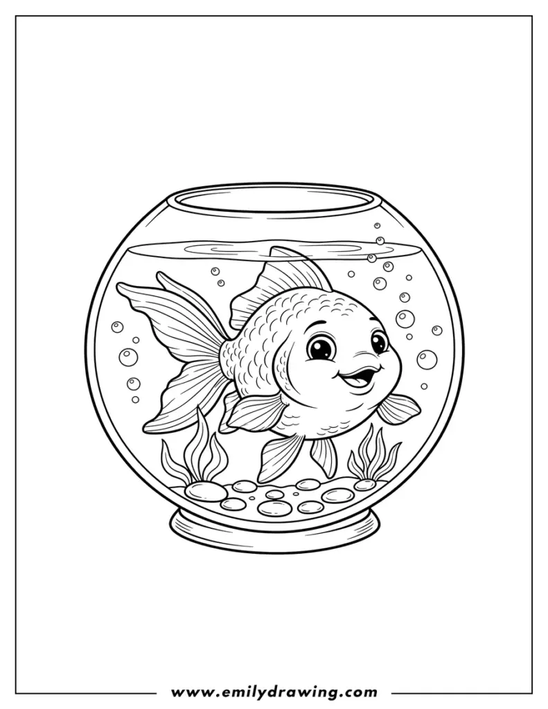 Cartoon goldfish in a fishbowl coloring page