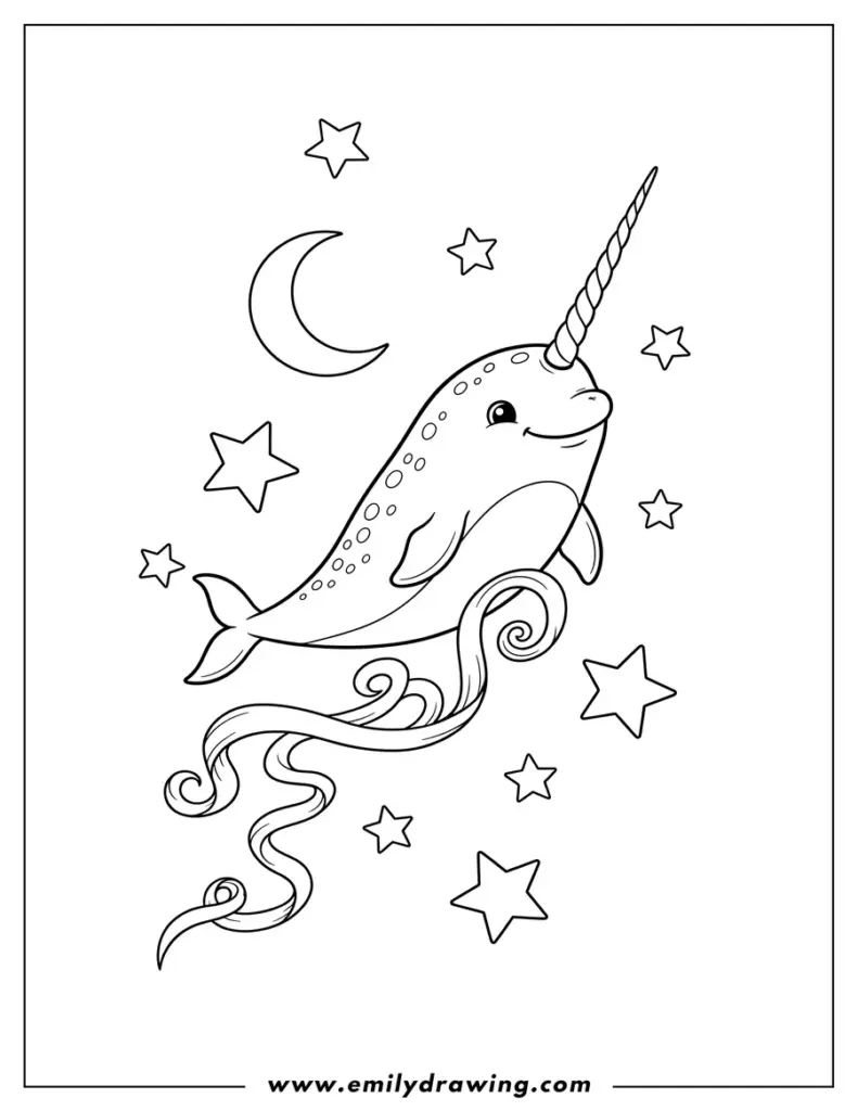 Cartoon narwhal with stars and crescent moon