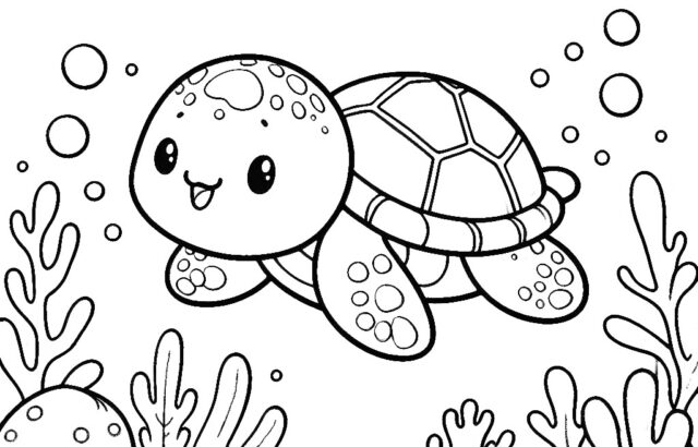 Cute cartoon turtle swimming underwater among sea plants
