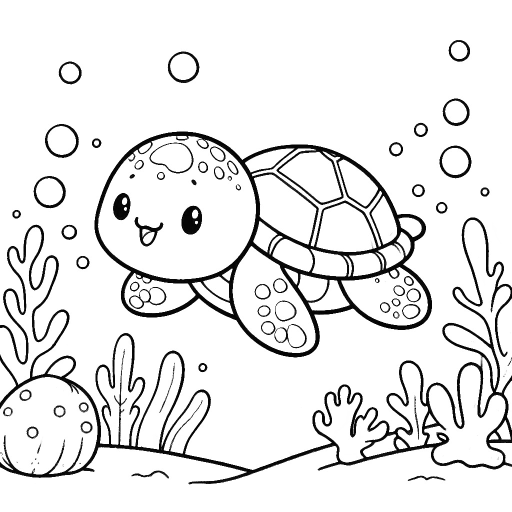 Cute cartoon turtle swimming underwater among sea plants