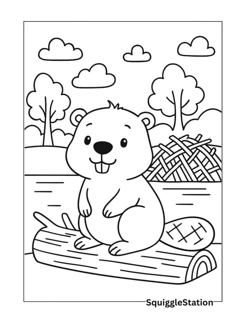 Cartoon bear sitting on log near water