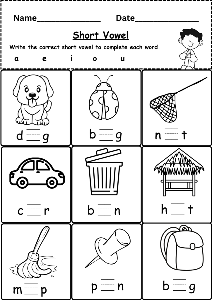 Short vowel worksheet with pictures and fill-in blanks