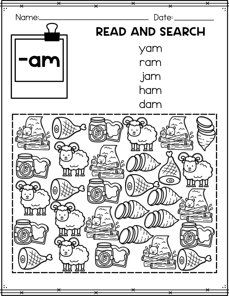Word family worksheet with -am pictures and words