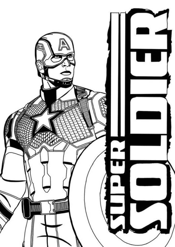 Black-and-white Captain America coloring page with shield and title text