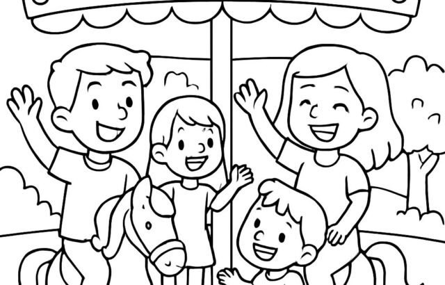 Black-and-white cartoon of children on a carousel