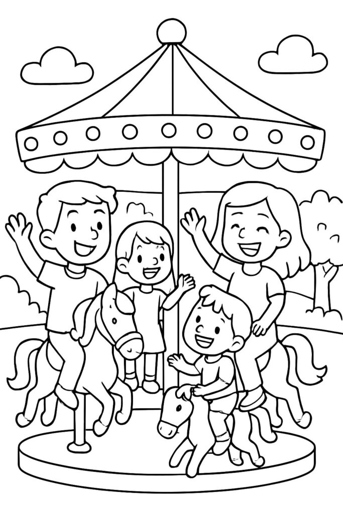 Black-and-white cartoon of children on a carousel