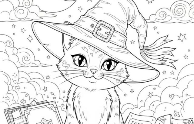 Coloring page of cat in witch hat under moon and stars