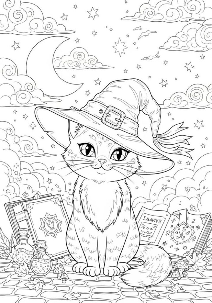 Coloring page of cat in witch hat under moon and stars