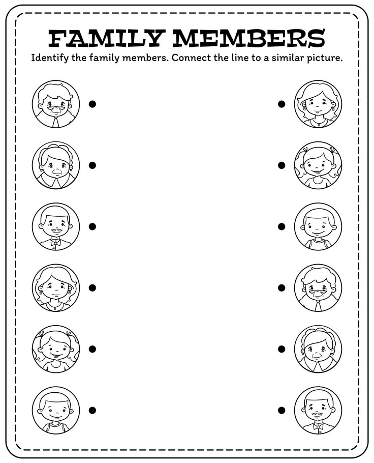 Black-and-white family members matching worksheet with cartoon faces