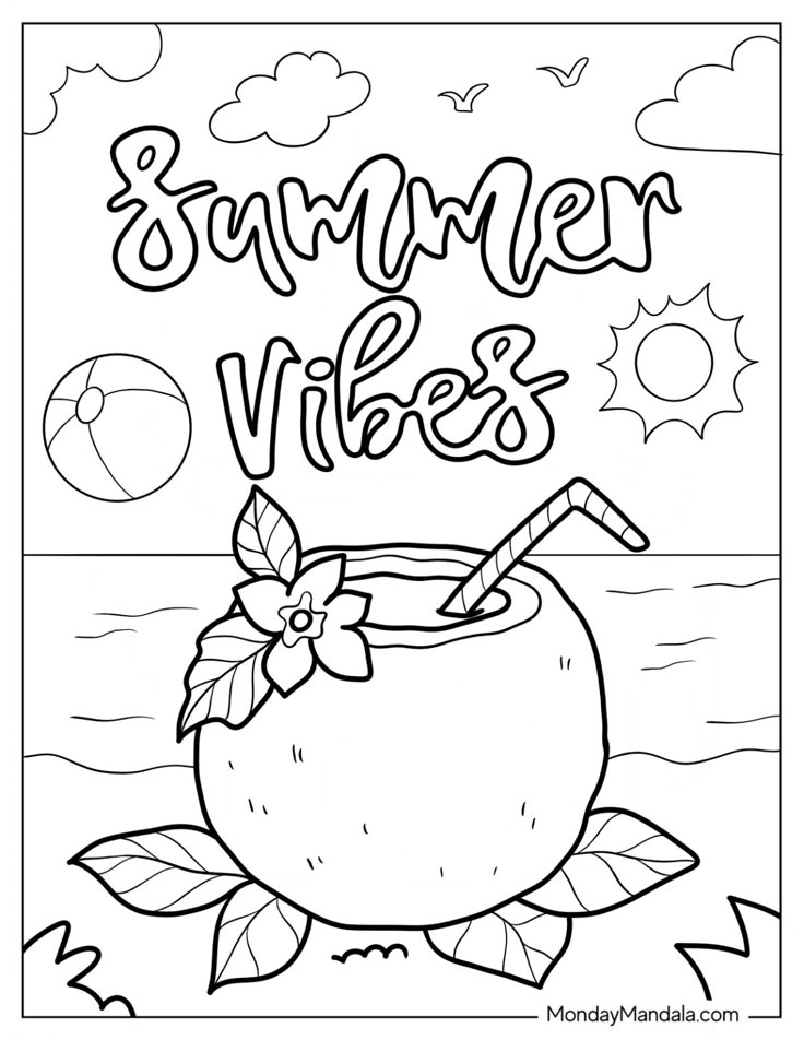 Summer Vibes coloring page with coconut drink