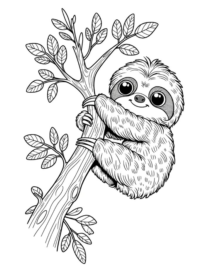 Smiling sloth hugging a leafy tree branch