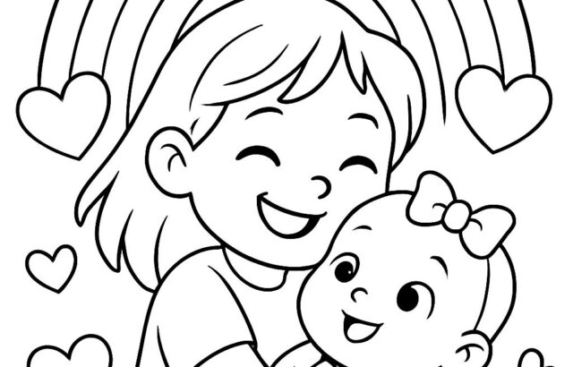 Smiling girl holding baby under rainbow, surrounded by hearts