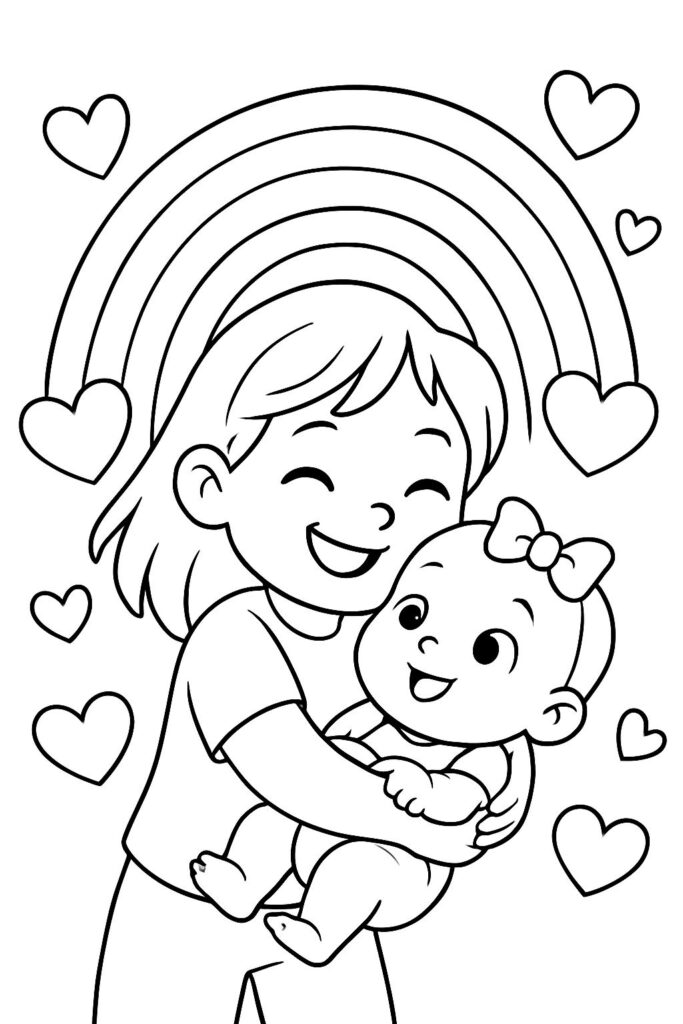 Smiling girl holding baby under rainbow, surrounded by hearts