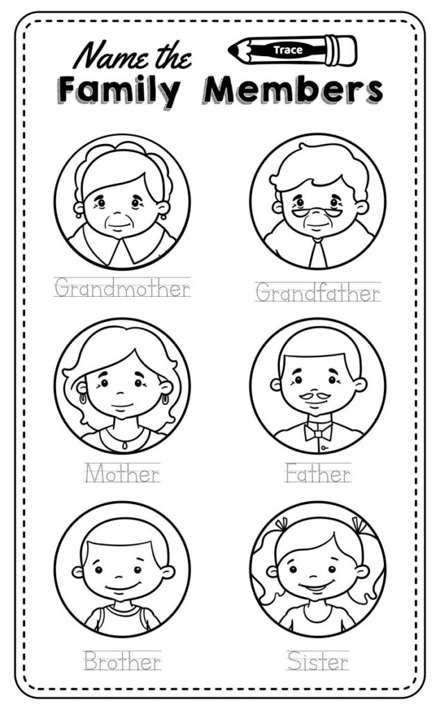 Family members worksheet with six cartoon faces to trace