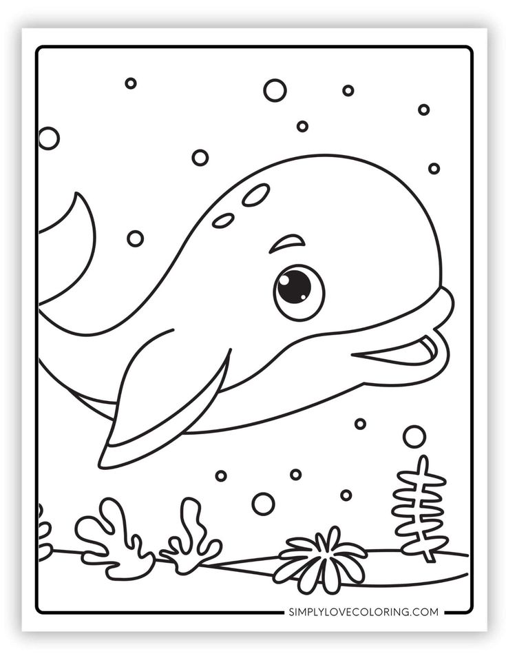 Cartoon whale underwater with bubbles and seaweed