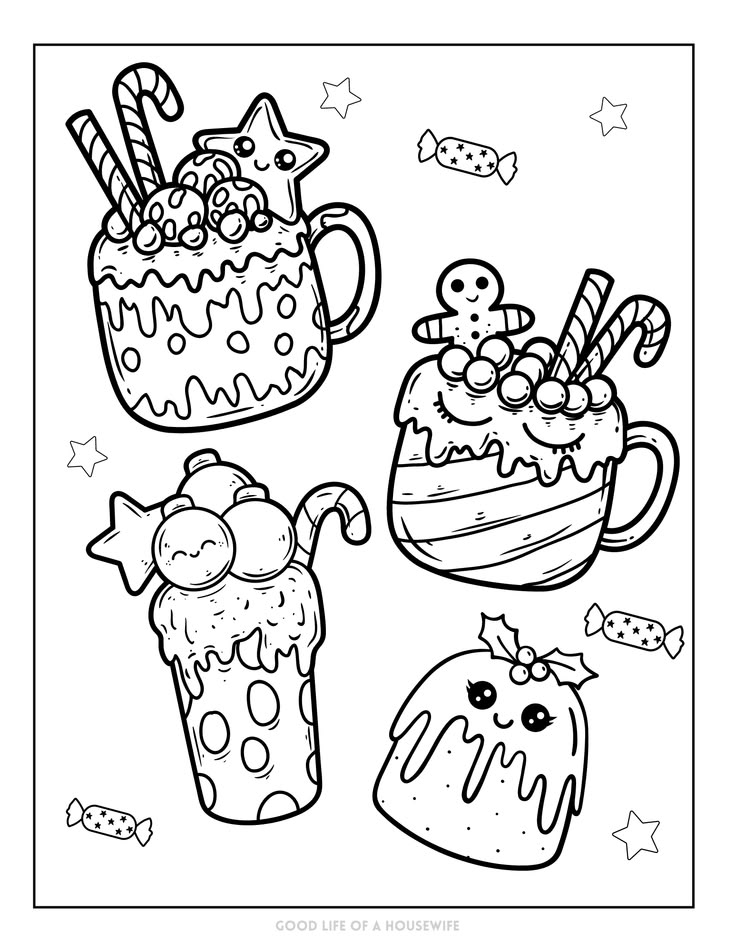 Christmas-themed mug and dessert coloring page with stars