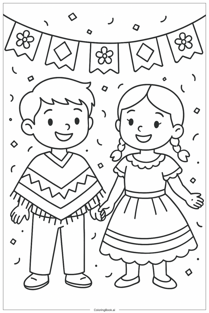 Boy and girl holding hands under party banners
